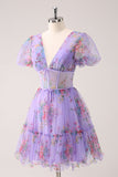 Purple A-Line V Neck Corset Floral Homecoming Dress with Lace Up Back