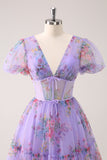 Purple A-Line V Neck Corset Floral Homecoming Dress with Lace Up Back