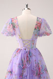 Purple A-Line V Neck Corset Floral Homecoming Dress with Lace Up Back