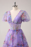 Purple A-Line V Neck Corset Floral Homecoming Dress with Lace Up Back