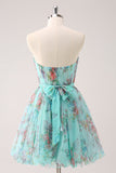 Fluffy A Line Green Strapless Ruched Floral Short Homecoming Dress with Bow