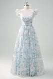 Light Blue Flower Ball-Gown Printed Cap Sleeves Long Prom Dress