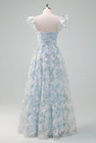 Light Blue Flower Ball-Gown Printed Cap Sleeves Long Prom Dress