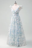 Light Blue Flower Ball-Gown Printed Cap Sleeves Long Prom Dress