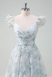 Light Blue Flower Ball-Gown Printed Cap Sleeves Long Prom Dress