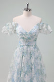 Light Blue Flower Ball-Gown Printed Cap Sleeves Long Prom Dress