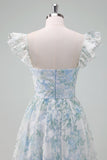 Light Blue Flower Ball-Gown Printed Cap Sleeves Long Prom Dress