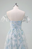 Light Blue Flower Ball-Gown Printed Cap Sleeves Long Prom Dress