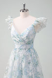 Light Blue Flower Ball-Gown Printed Cap Sleeves Long Prom Dress