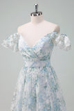 Light Blue Flower Ball-Gown Printed Cap Sleeves Long Prom Dress