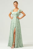 Dusty Sage A Line Square Neck Print Floor Length Bridesmaid Dress with Slit