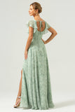 Dusty Sage A Line Square Neck Print Floor Length Bridesmaid Dress with Slit