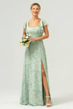 Dusty Sage A Line Square Neck Print Floor Length Bridesmaid Dress with Slit