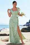 Dusty Sage A-Line Square Neck Floor Length Print Floral Bridesmaid Dress with Slit