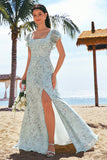 Grey Green A-Line Square Neck Floral Long Bridesmaid Dress with Slit