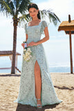 Grey Green A-Line Square Neck Floral Long Bridesmaid Dress with Slit