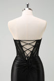 Black Mermaid Strapless Ruched Corset Long Prom Dress with Lace Up Back