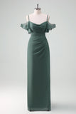 Eucalyptus Sheath Spaghetti Straps Floor Length Chiffon Bridesmaid Dress