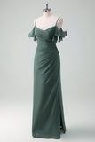 Eucalyptus Sheath Spaghetti Straps Floor Length Chiffon Bridesmaid Dress