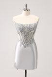 Glitter Silver Corset Strapless Homecoming Dress