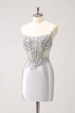 Glitter Silver Corset Strapless Homecoming Dress