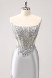 Glitter Silver Corset Strapless Homecoming Dress