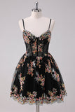 Sparkly Black A Line Spaghetti Straps Corset Short Floral Homecoming Dress