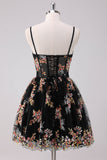 Sparkly Black A Line Spaghetti Straps Corset Short Floral Homecoming Dress