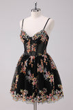 Sparkly Black A Line Spaghetti Straps Corset Short Floral Homecoming Dress