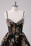 Sparkly Black A Line Spaghetti Straps Corset Short Floral Homecoming Dress