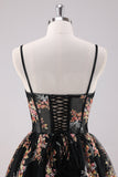 Sparkly Black A Line Spaghetti Straps Corset Short Floral Homecoming Dress