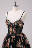 Sparkly Black A Line Spaghetti Straps Corset Short Floral Homecoming Dress