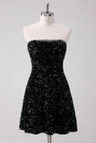 Sparkly Black A Line Strapless Short Homecoming Dress with Sequins