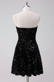 Sparkly Black A Line Strapless Short Homecoming Dress with Sequins