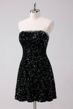 Sparkly Black A Line Strapless Short Homecoming Dress with Sequins