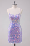 Sparkly Purple Bodycon Spaghetti Straps Short Homecoming Dress with Sequins