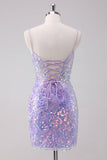 Sparkly Purple Bodycon Spaghetti Straps Short Homecoming Dress with Sequins