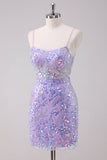 Sparkly Purple Bodycon Spaghetti Straps Short Homecoming Dress with Sequins