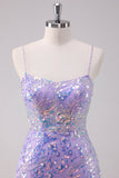 Sparkly Purple Bodycon Spaghetti Straps Short Homecoming Dress with Sequins