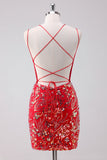 Glitter Red Bodycon Spaghetti Straps Sequins Short Homecoming Dress