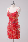 Glitter Red Bodycon Spaghetti Straps Sequins Short Homecoming Dress