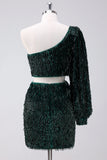 Sparkly Fringed Dark Green One Shoulder Short Homecoming Dress