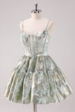 Light Green A Line Short Corset Metallic Homecoming Dress with Lace Up Back