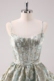 Light Green A Line Short Corset Metallic Homecoming Dress with Lace Up Back