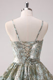 Light Green A Line Short Corset Metallic Homecoming Dress with Lace Up Back