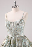 Light Green A Line Short Corset Metallic Homecoming Dress with Lace Up Back