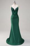 Dark Green Mermaid Spaghetti Straps Corset Backless Prom Dress With Beading