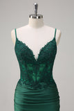 Dark Green Mermaid Spaghetti Straps Corset Backless Prom Dress With Beading