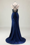 Dark Navy Mermaid Sparkly Sequins Spaghetti Straps Prom Dress with Slit