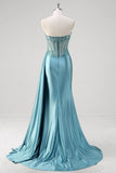 Grey Blue Mermaid Strapless Corset Sequined Satin Prom Dress